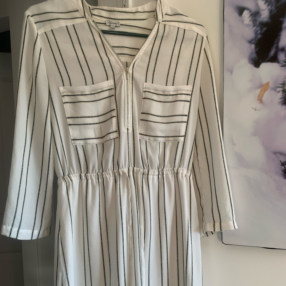 white striped zip up and tie up dress three-quarter length sleeve size S